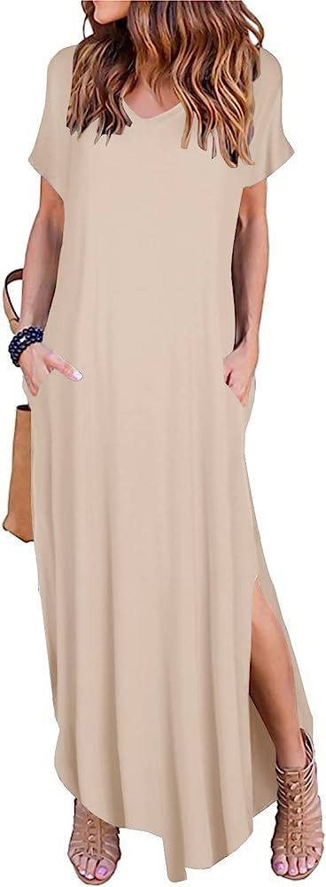Arolina Women's Summer Maxi Dress Short Sleeve V Neck Casual Loose Long Beach Split Dresses with Poc | Amazon (US)