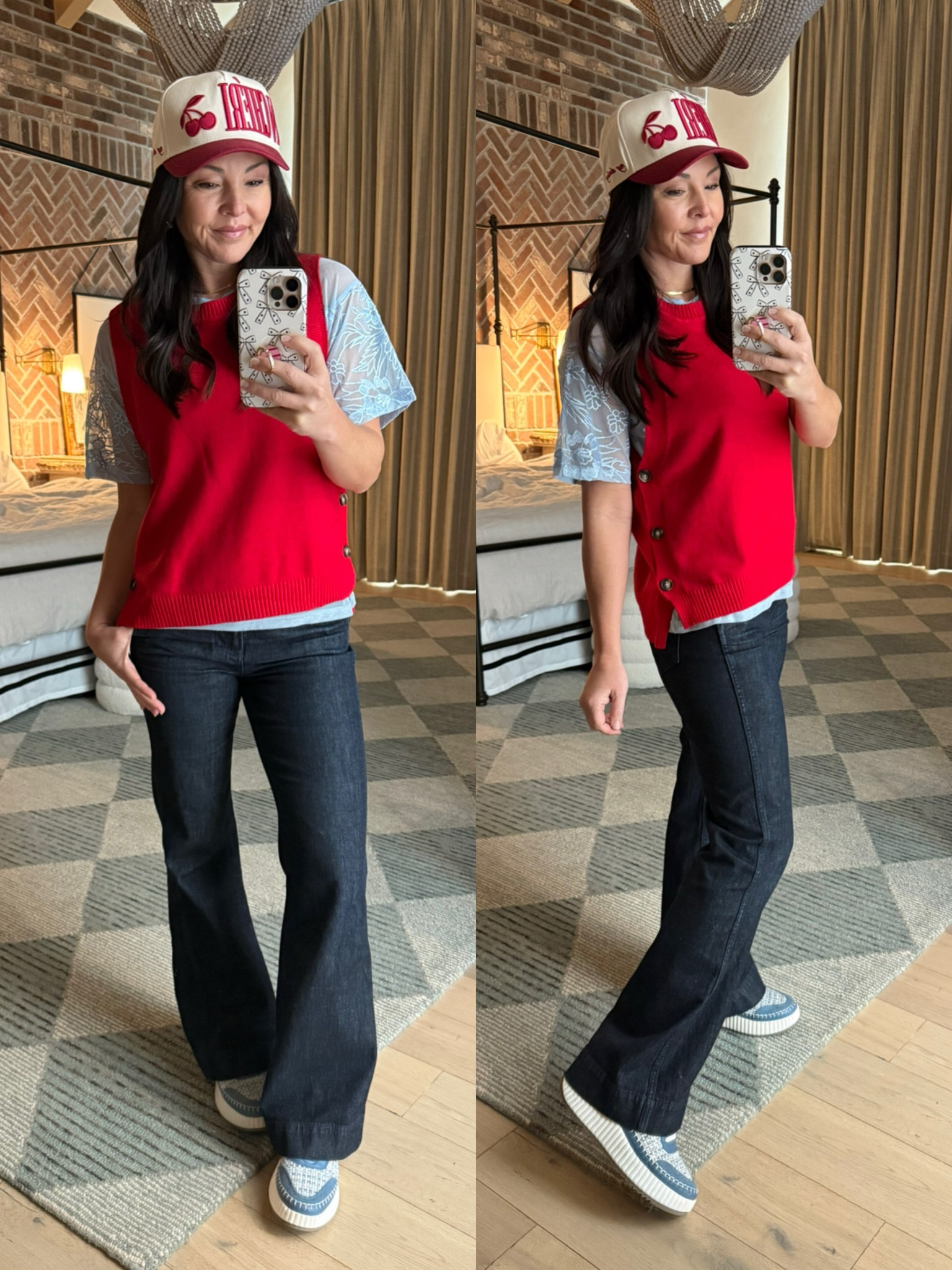 Everyday mom outfit. 
Button side sweater vest 
Lace T shirt
Cheri hat
Trouser Jean 
Platform sneakers on sale 

Amazon finds 
Amazon fashion 


#LTKSaleAlert