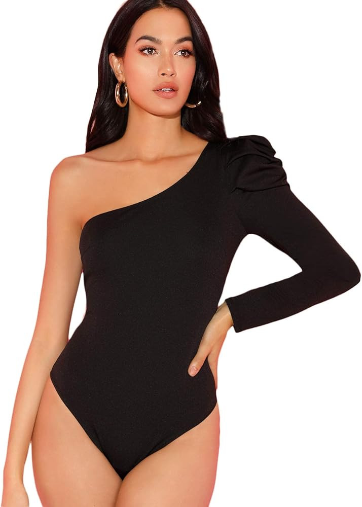 WDIRARA Women's Sexy One Shoulder Off Long Sleeve Rib Knit Skinny Bodysuit | Amazon (US)