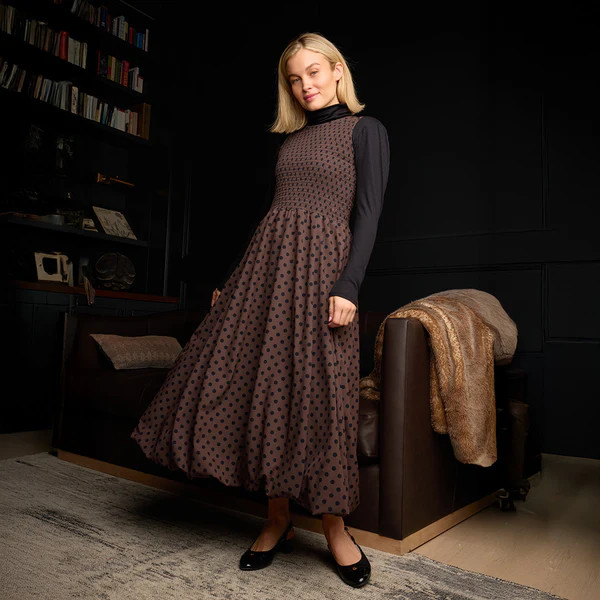 Vienna Bubble Dress, Black/Brown Polka Dot | Albion Fit
