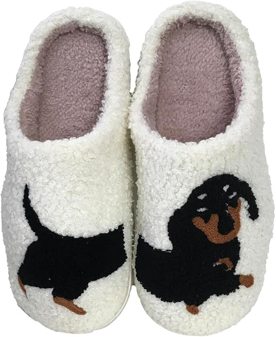 Women's Dachshund Dog Soft Sherpa Plush Slide Slippers, White | Amazon (US)
