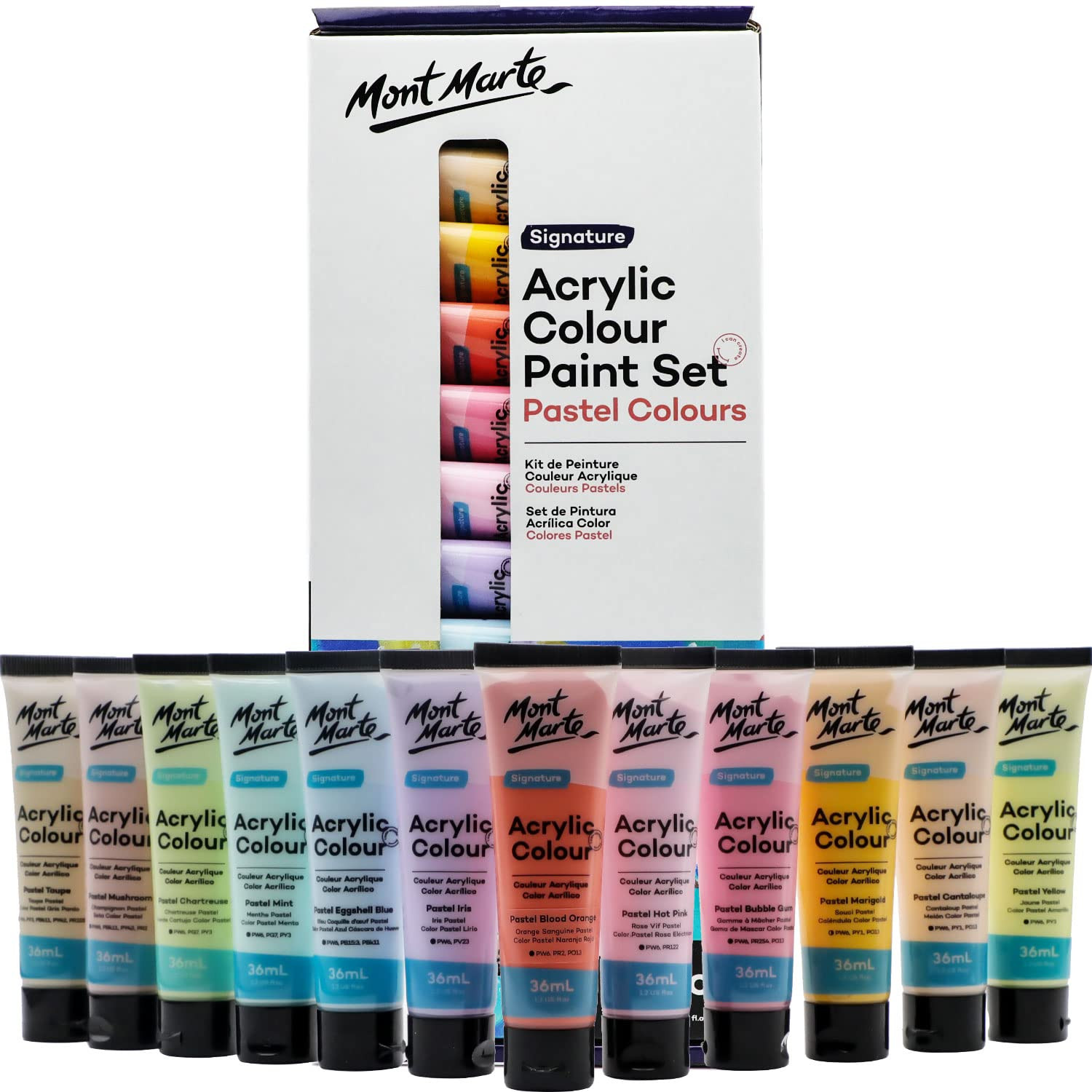 Mont Marte Acrylic Colour Pastel Paint Set Signature 12pc x 36ml (1.2 US fl.oz), Creamy Pastel Ac... | Amazon (US)