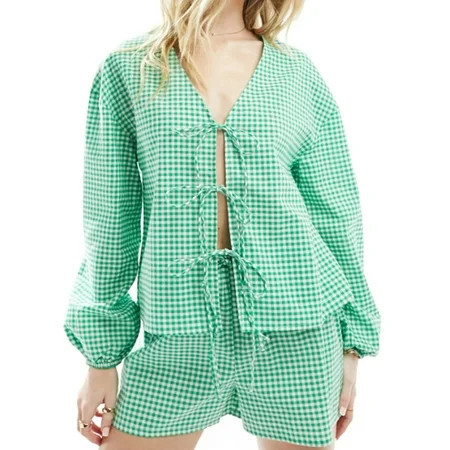 JYYYBF Women 2 Pcs Outfits Plaid Print Tie Front Long Sleeve Shirt and Elastic Shorts Club Streetwear Fashion Clothes | Walmart (US)