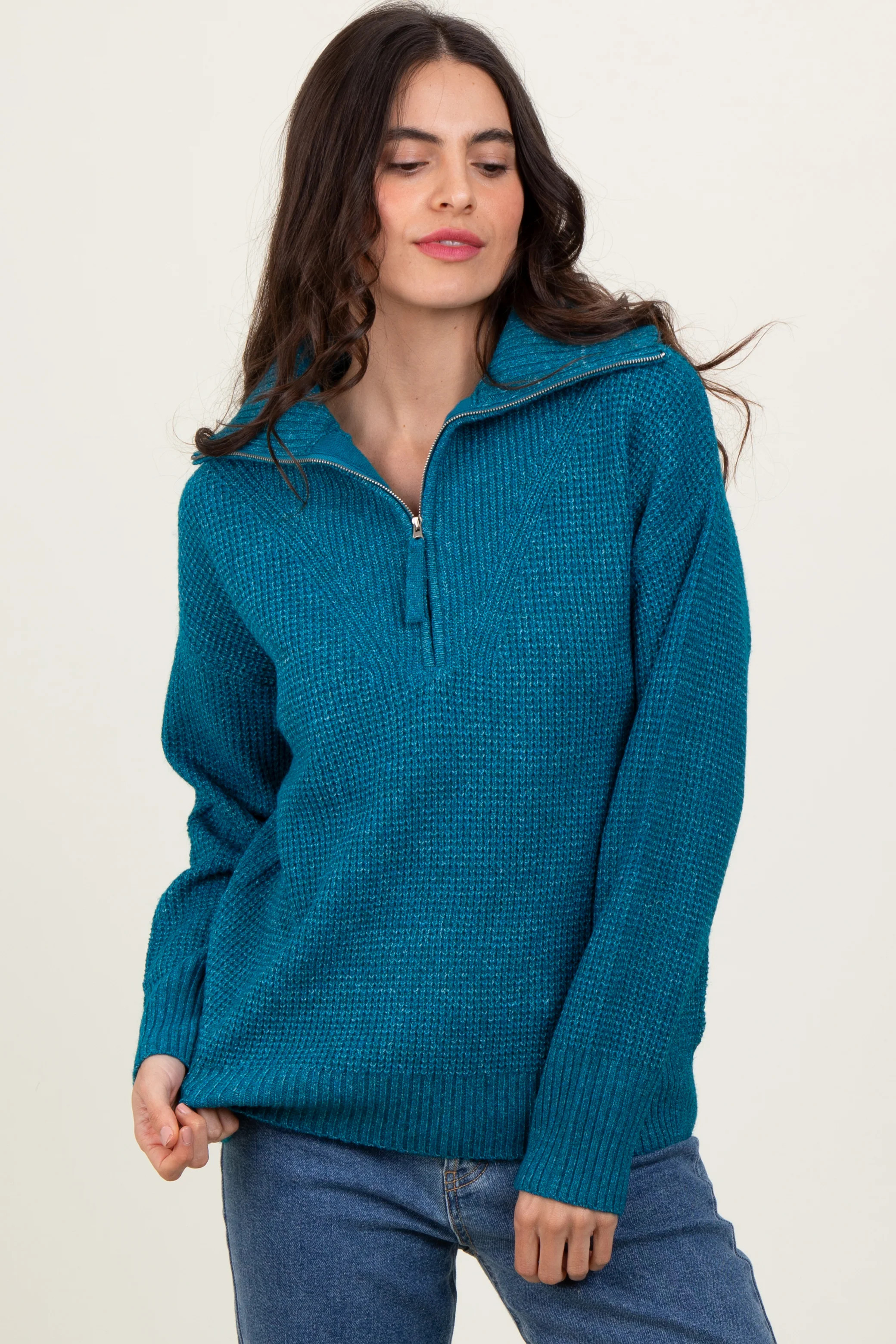 Deep Teal Half Zip Pullover Sweater | PinkBlush Maternity
