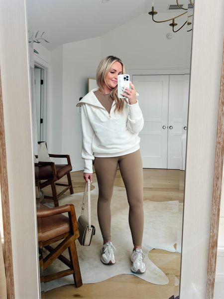Spring Capsule Wardrobe Taupe Leggings + Bra Tank Athleisure Mom Outfit 

Pullover: size down 1
Leggings - size down 1
Tank - size up if larger chested
