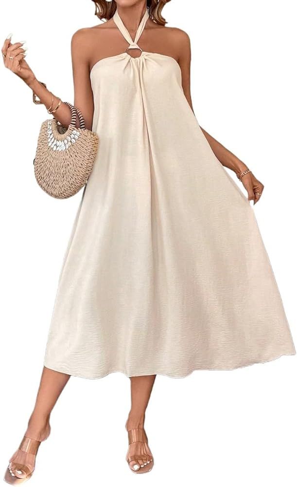 Women's 2024 Summer Casual Cami Long Dress Solid Color Halterneck Dress | Amazon (US)