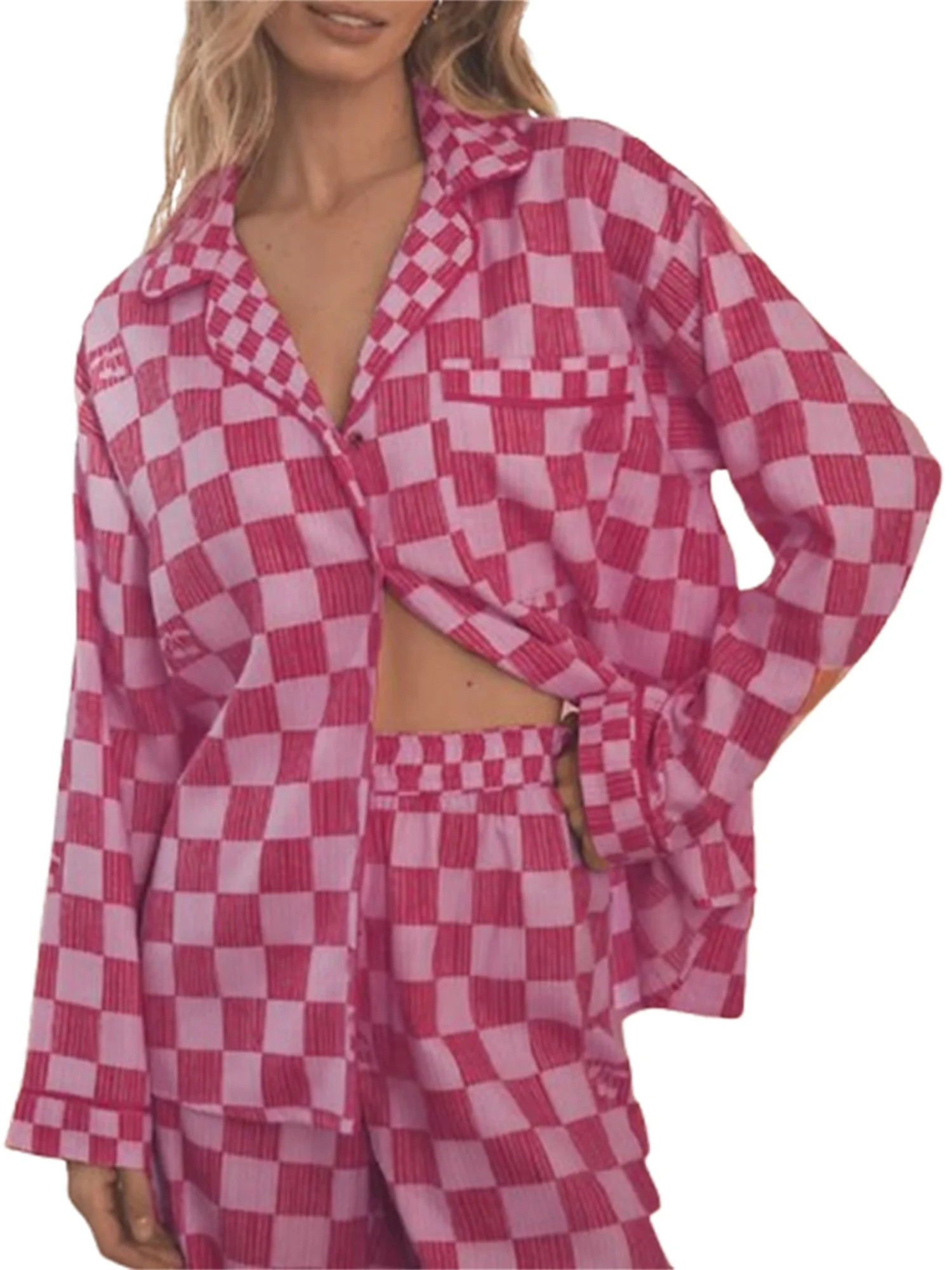 Rdhnmea Women Checkered Pajama Set Christmas Plaid Pjs Long Sleeve Button Up Shirt + Pants Set 2 ... | Walmart (US)