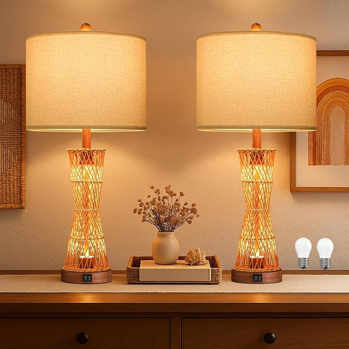 27" Table Lamps Set of 2 with Rattan & Dual Lights, Boho Lamps for Nightstands, Bedside Lamps for... | Amazon (US)