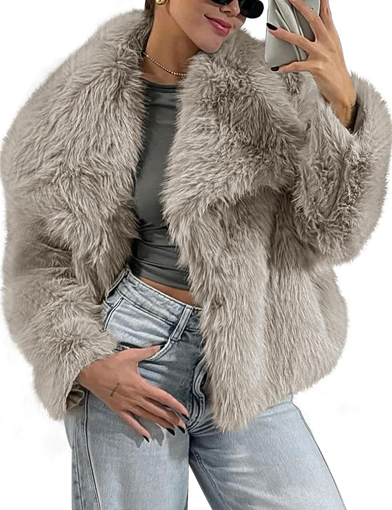 FOMELY Faux Fur Coat Fluffy Fur Jacket Women Lapel Collar Open Front Winter Coat Shaggy Outwear W... | Amazon (US)