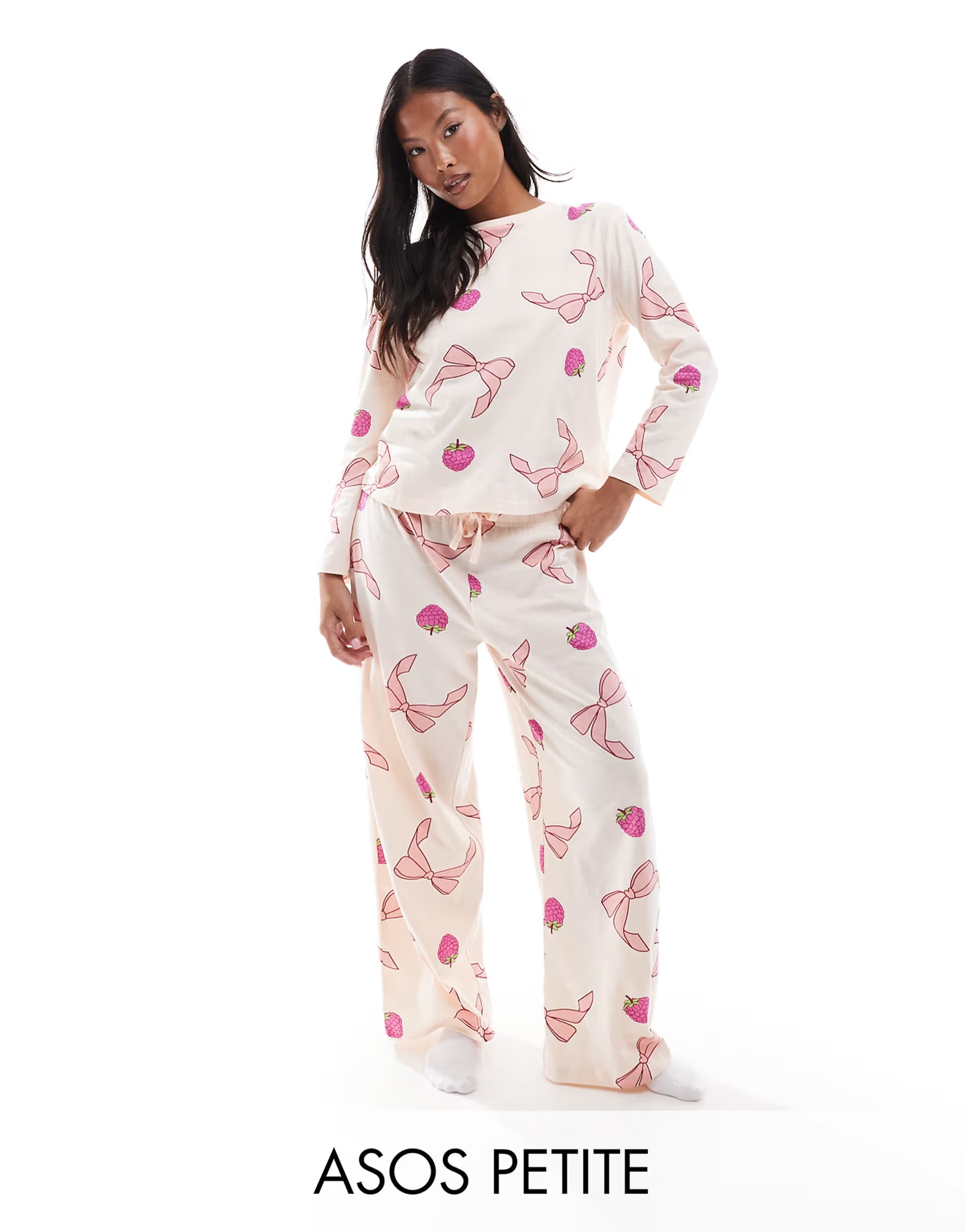 ASOS DESIGN Petite bow and fruit long sleeve top & trouser pyjama set in pink | ASOS (Global)