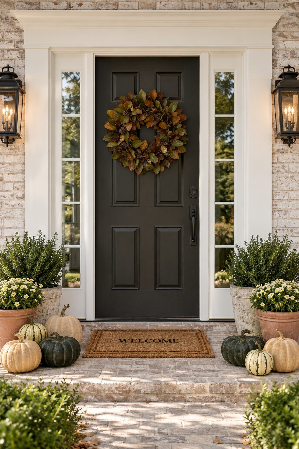 Elegant fall front door. Front door decor. Outdoor front door lights. Outdoor sconce. Fall wreath.  Outdoor planter. Decorative pumpkins. Heirloom pumpkins. Coir doormat. Home decor. Amazon decor. Target decor. Burgundy wreath. Fake pumpkin. Realistic faux pumpkins. Green pumpkin. Cream pumpkins. Lanterns

#LTKSeasonal #LTKHome #LTKSaleAlert