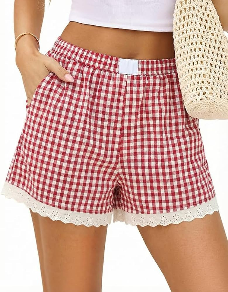 Marvmys Womens Boxer Shorts Cotton Pajama Bottoms Summer Gingham Ruffle/Lace Shorts Casual Y2K Be... | Amazon (US)