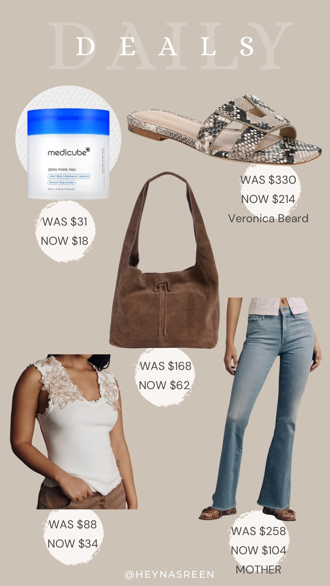 Daily deals on Medicube pore pads, Veronica Beard sandals, Lucky suede tote, Mother flare jeans, Anthropologie top