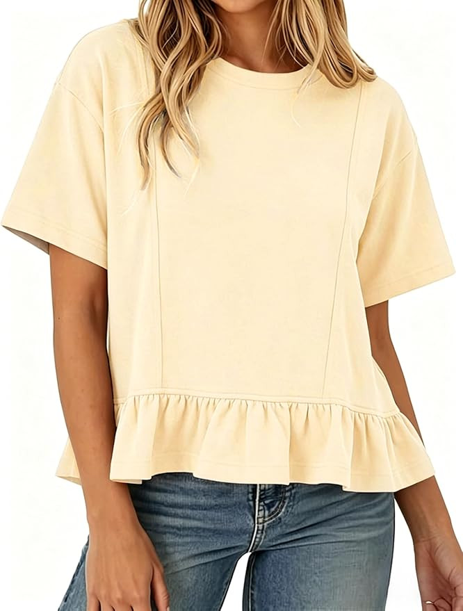 Women Summer Short Sleeve T-Shirts Ruffled Peplum Hem Knit Tee Crew Neck Badydoll Pleated Tops | Amazon (US)
