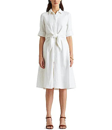 Lauren Ralph Lauren Linen Short Sleeve Button Down Self Tie Waist Shirt Dress - 4 | Dillard's