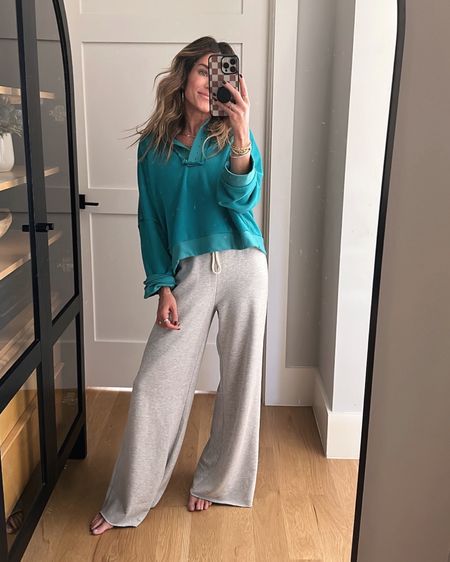 If between sizes, go up in t this sweatshirt (wearing small). These Aerie pants run very large so size down. Both soooo comfy!



#LTKover40 #LTKtravel