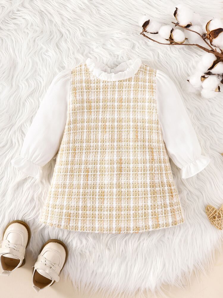 Baby Plaid Ruffle Trim Flounce Sleeve Tweed Dress | SHEIN