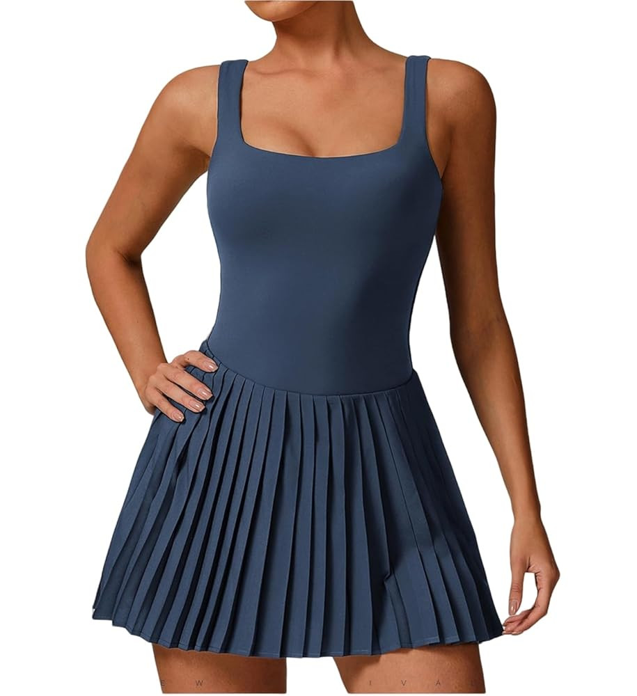 Womens Square Neck Tennis Dress Pleated Sleeveless Backless Built in Shorts Golf Athletic Dress w... | Amazon (US)