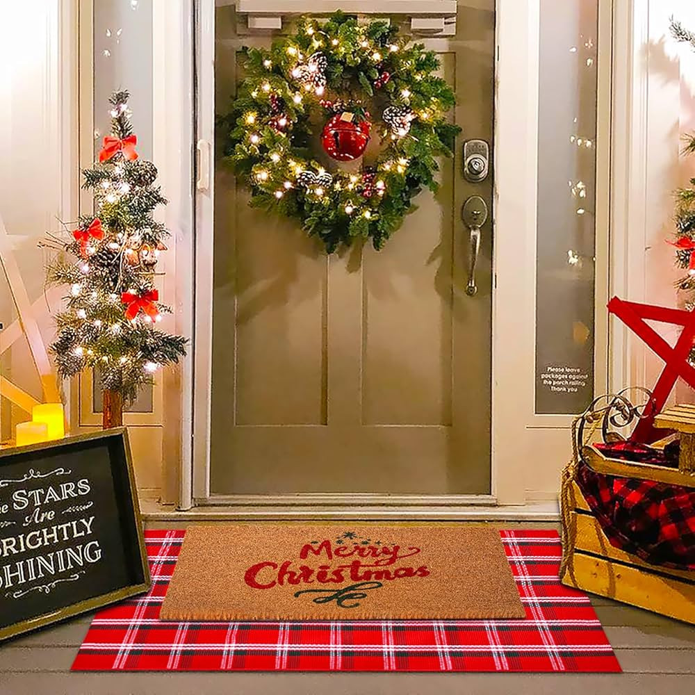 Christmas Red and Green White Plaid Rug - 28" x 43" Outdoor Front Door Mat, Cotton Washable Hand-... | Amazon (US)