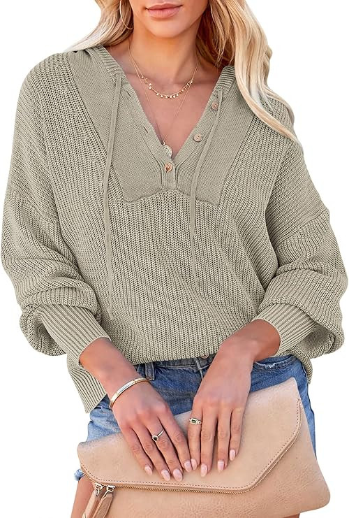 ANRABESS Women‘s Long Sleeve Henley Hoodie Button Drawstring Casual Knitted Pullover Sweater Sw... | Amazon (US)