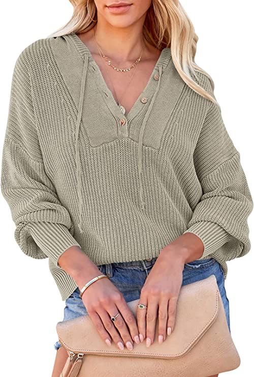 ANRABESS Women‘s Long Sleeve Henley Hoodie Button Drawstring Casual Knitted Pullover Sweater Sw... | Amazon (US)