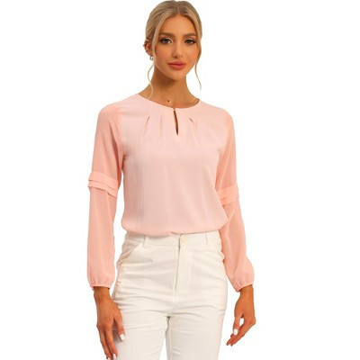 Allegra K Women's Chiffon Semi Sheer Keyhole Neck Elegant Work Blouse Light Pink Large | Target