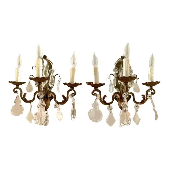 Pair of French 3-Arm Candelabra Crystal Mirror Sconces | Chairish