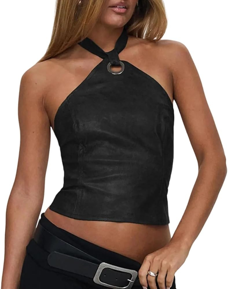 Women Y2K PU Leather Backless Ring Halter Tank Top Trendy Sleeveless Off Shoulder Lace Up Back Cr... | Amazon (US)