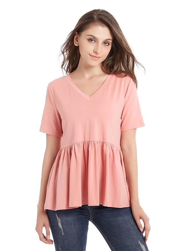 ZURIFFE Women's Summer V Neck Short Sleeve Cotton Loose T Shirts Ruffle Babydoll Peplum Swing Top... | Amazon (US)