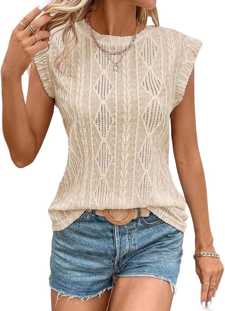 SHEWIN Women's Summer Tops Casual Crewneck Cap Sleeve Shirts Lightweight Crochet Knit Texture Tan... | Amazon (US)