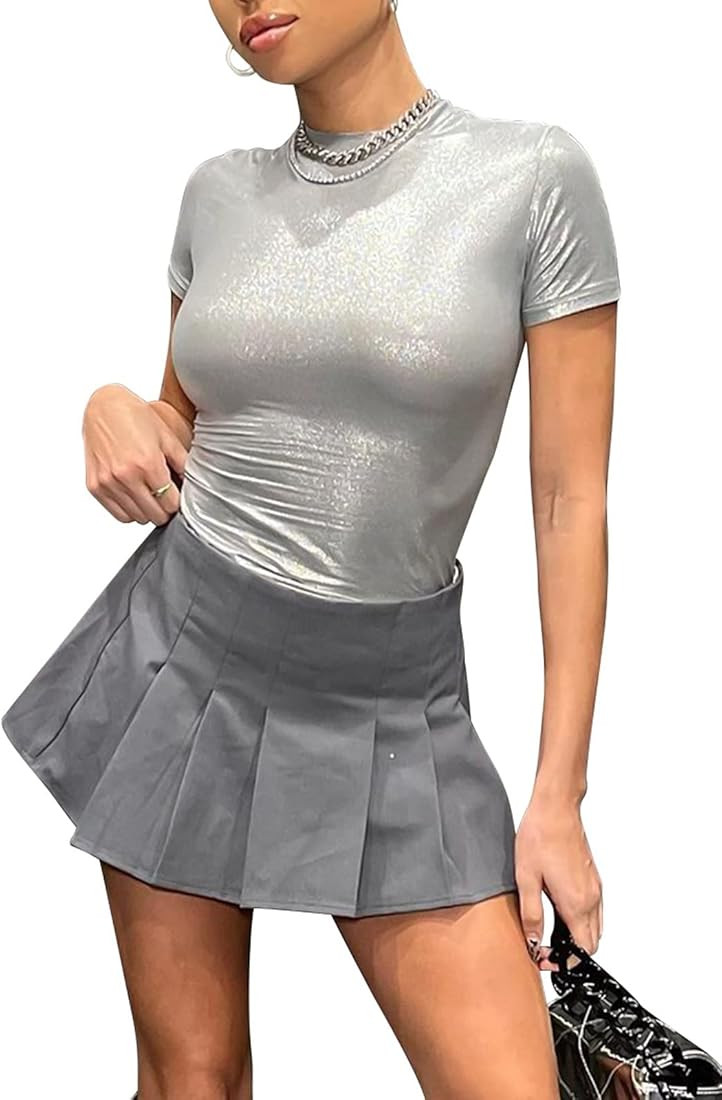 ccisppal Womens One Shoulder Shiny Ruched Bodycon Cocktail Sleeveless Metallic Dress Party Weddin... | Amazon (US)