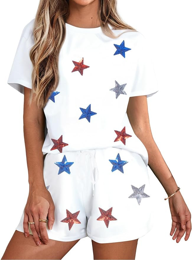 VILOVE 4th of July 2 Piece Sequin Outfits Women Star Stripe Shirts and Short Sets Casual Patrioti... | Amazon (US)