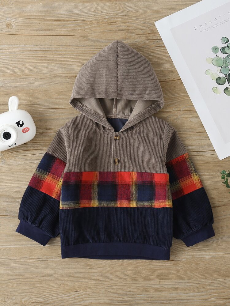 Baby Buffalo Plaid Color Block Corduroy Hoodie | SHEIN