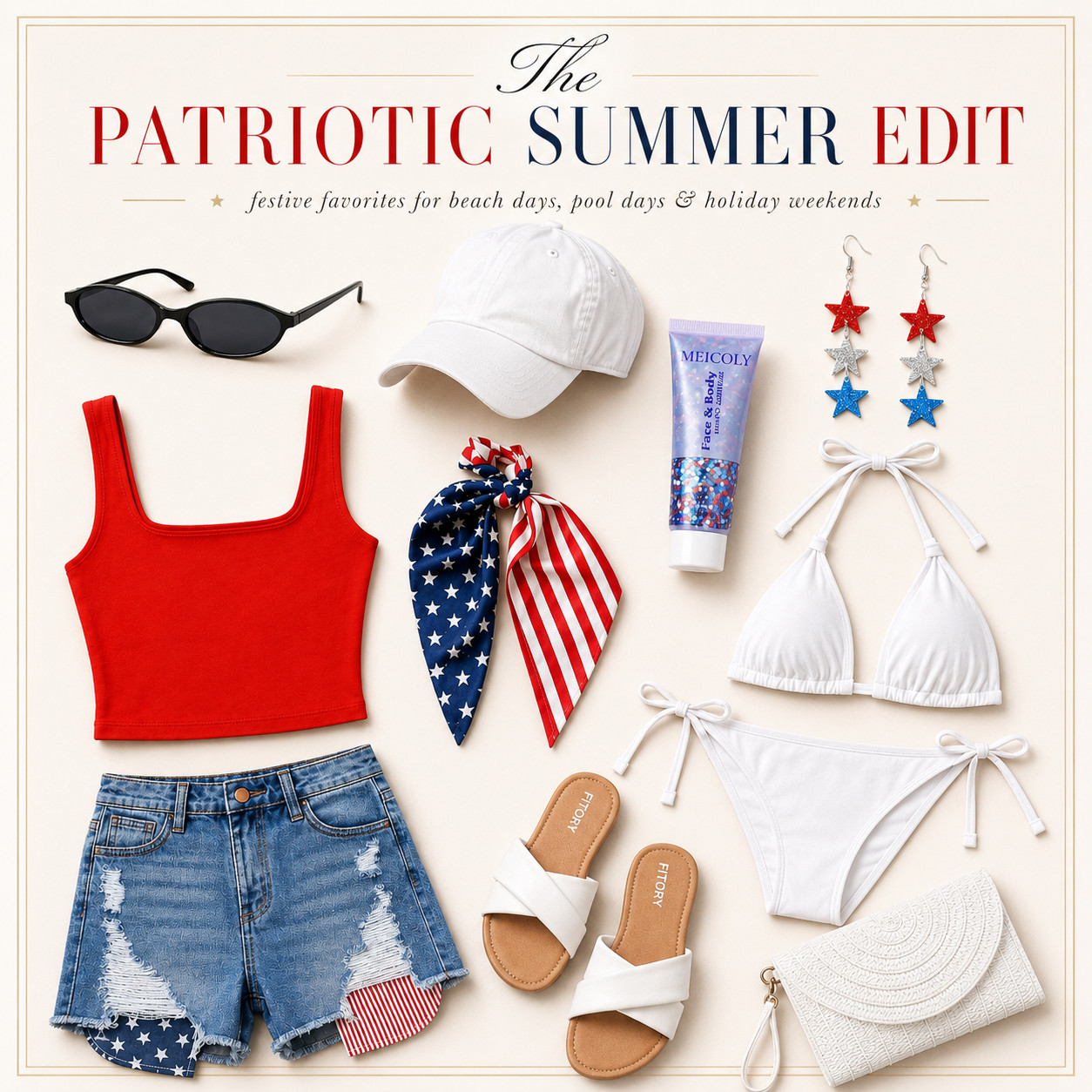 The Chic Patriotic Summer Edit 🇺🇸 

The Patriotic Summer Edit that makes red, white & blue actually look chic!!

I did the digging for you — everything in this edit is from Amazon, so it’s cute, affordable, easy to recreate, and perfect if you want a festive outfit without spending a ton on pieces you may only wear for holiday weekends.

This is the kind of red, white, and blue outfit that works for Memorial Day weekend, Fourth of July, fireworks, beach days, pool parties, lake trips, BBQs, parades, boat days, summer concerts, and holiday weekend plans without looking cheesy or overdone.

The red tank, denim shorts, white bikini, slide sandals, patriotic scarf, star earrings, white hat, sunglasses, and clutch all give that classic Americana summer vibe — but in a way that still feels polished, wearable, and easy to mix with basics you already own.

What makes this edit worth clicking is that every piece can be worn again. 

The red top works with denim all summer, the white bikini is a vacation staple, the sandals and clutch go with everything, and the accessories make the whole outfit feel festive without trying too hard.

🇺🇸 If you want a chic and affordable Amazon outfit for Memorial Day, Fourth of July, fireworks, beach weekends, BBQs, and summer parties, this is the red, white, and ready edit I’d shop first.

↓ Everything is linked!

#LTKActive #LTKSaleAlert #LTKTravel