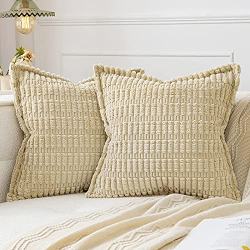 MIULEE Beige Corduroy Decorative Throw Pillow Covers Pack of 2 Soft Striped Pillows Pillowcases with Broad Edge Winter Modern Boho Home Decor for Couch Sofa Bed 18x18 Inch | Amazon (US)