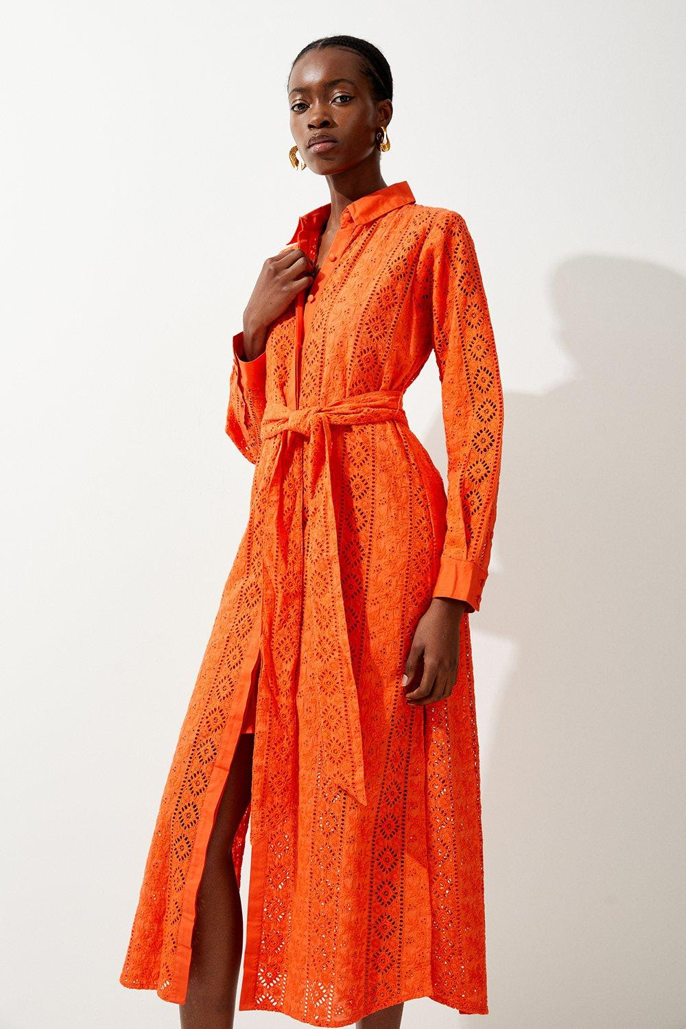 Cotton Eyelet Belted Woven Midi Dress | Karen Millen US