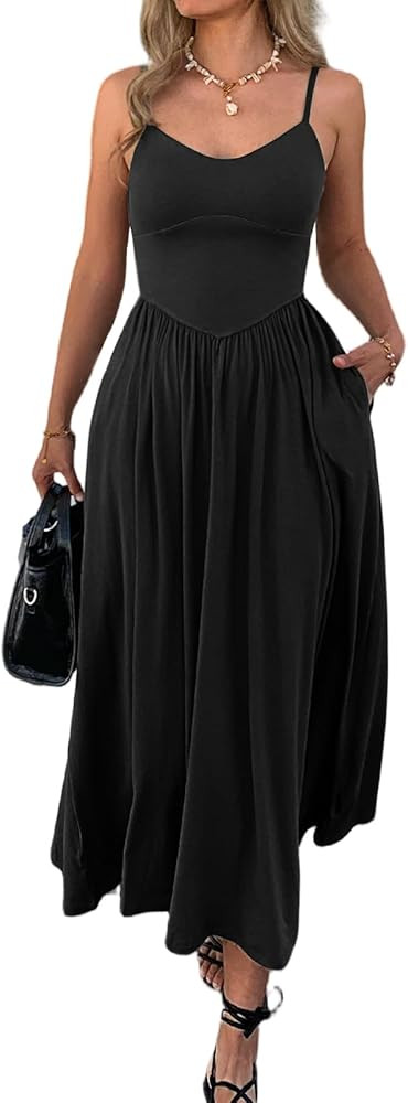 Womens Spaghetti Strap Maxi Dresses Summer Casual Sleeveless A Line Long Flowy Dress with Pockets... | Amazon (US)