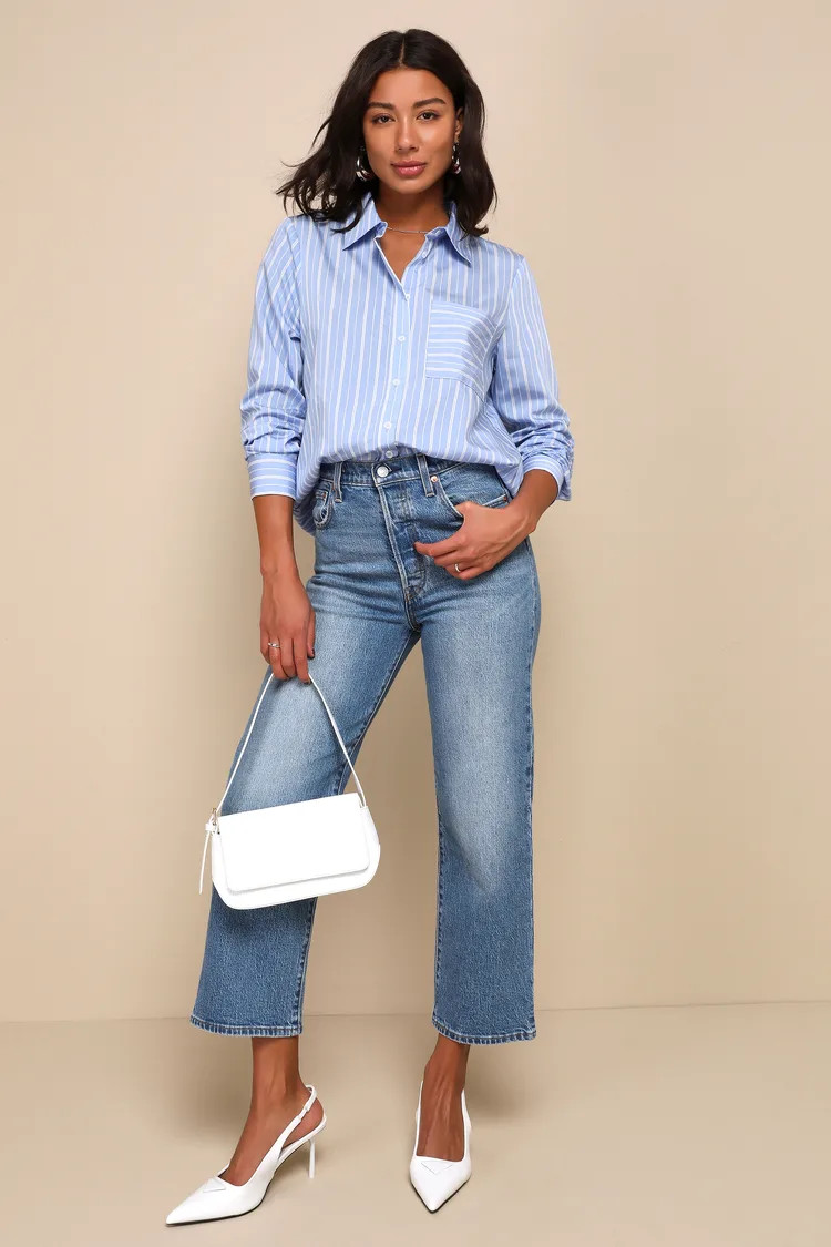 Vivacious Persona Blue and White Striped Collared Button-Up Top | Lulus