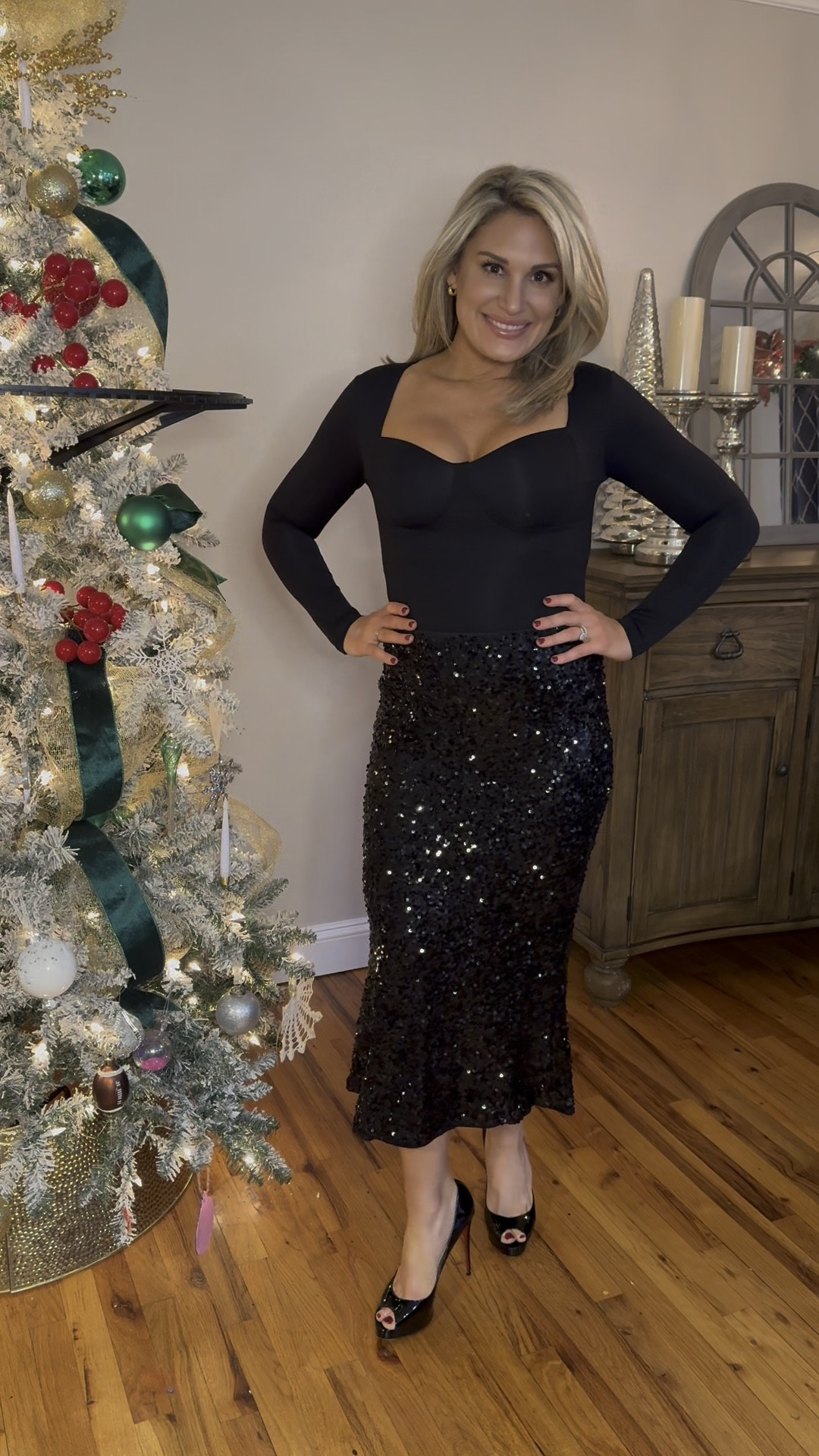 We love these New Years Eve looks. Both outfits are stretchy and super comfortable! 

Sequence skirt: Medium 
Black shape wear body suit size: Medium 
Dress: size 6
Carmel jacket: size medium 

#LTKSeasonal #LTKHoliday #LTKParties