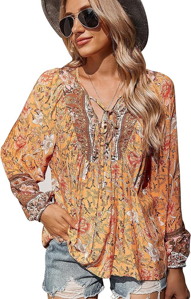 KAYWIDE Women's Casual Boho V Neck Top Loose Floral Printed Long Sleeve Beach Shirts Blouses | Amazon (US)