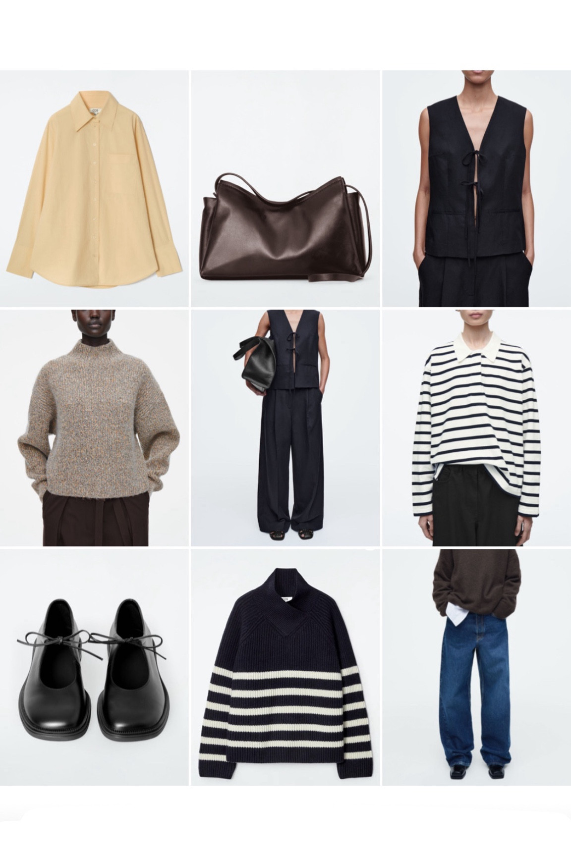 COS TOP NINE | knitwear, co ord, black trousers, wide leg jeans, yellow shirt, brown bag, leather bag, brown and yellow, spring outfit, spring essentials 

#LTKuk #LTKeurope #LTKFashionMonth