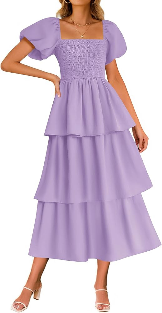 ZESICA Women's 2025 Summer Boho Midi Dress Short Puff Sleeve Flowy A Line Tiered Beach Vacation L... | Amazon (US)