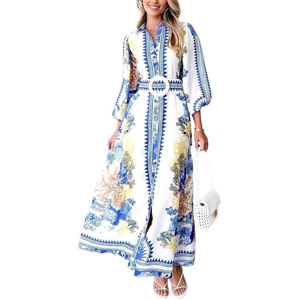 Women's Classy A Line Long Sleeve Floral Print Collared Neck Maxi Dress 2025 Spring Summer Fashio... | Amazon (US)