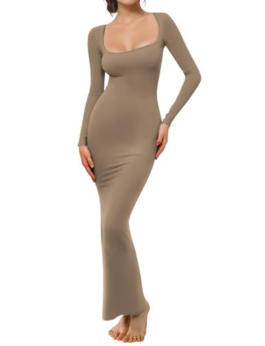 Buauty Women's Bodycon Maxi Dresses, Ribbed Square Neck Long Dress, Fall Long Sleeve Lounge Dress for Women | Amazon (US)