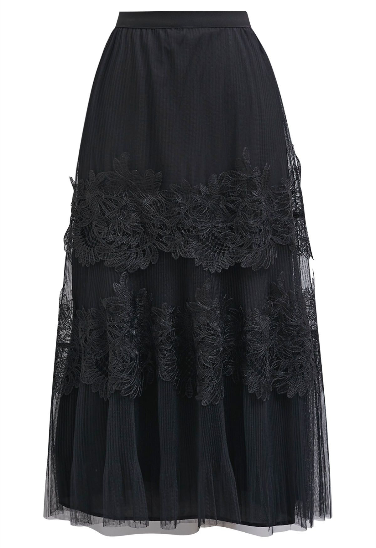 Embroidered Floral Double-Layered Mesh Maxi Skirt in Black | Chicwish