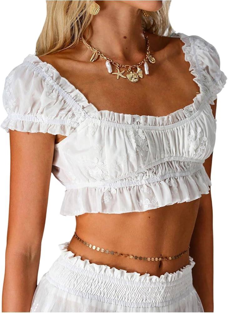 Floerns Women's Embroidery Puff Sleeve Micro Ruffle Crop Tops | Amazon (US)