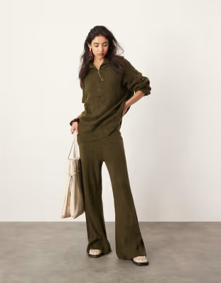 ASOS EDITION knitted rib half zip oversized collar jumper and wide leg trouser co-ord in khaki | ASOS (Global)