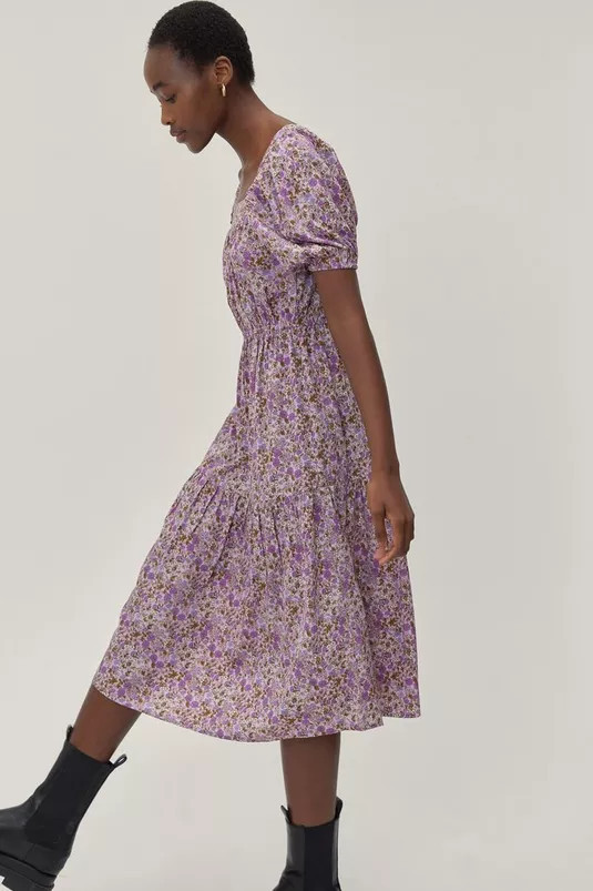 Floral Print Square Neck Tiered Smock Midi Dress | Nasty Gal (US)