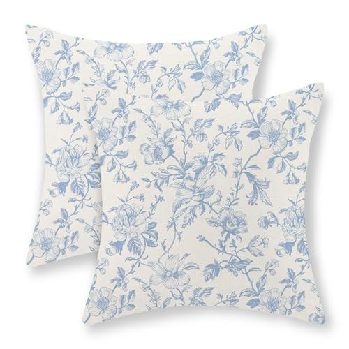 JEFERSO Baby Blue Floral Pillow Covers 18x18 Set of 2 Vintage Rustic Toile Chinoiserie Floral Throw Pillows Blue and Cream Flower Decorative Pillowcase Outdoor Decor Linen Cushion Case for Couch Sofa | Amazon (US)