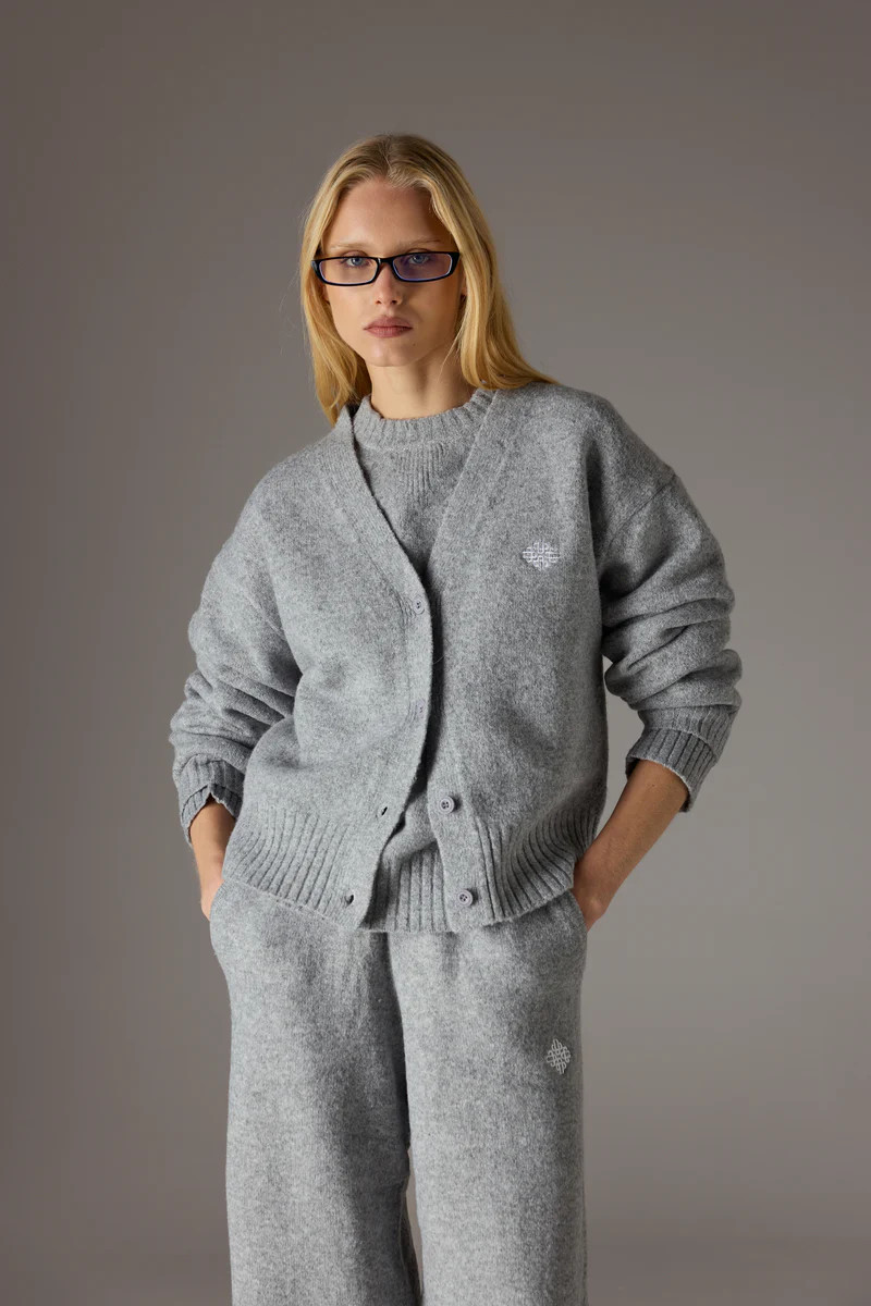 FLUFFY KNIT EMBLEM EMBROIDERED CARDIGAN - GREY MARL | The Couture Club